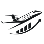 Stylized black airplane ascending above a rising bar chart