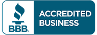 BBB Accredited Business logo with blue flame icon and white text on teal background