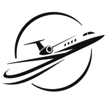 Black airplane logo inside a circular swoosh, black and white minimalist design