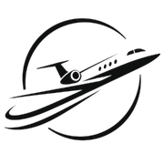 Black stylized airplane logo with swooshing circular lines