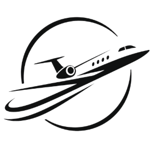 Black stylized airplane logo with swooshing circular lines