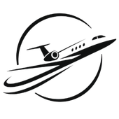 Black airplane logo inside a circular swoosh, black and white minimalist design
