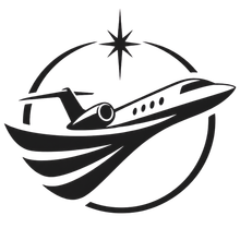 Black-and-white logo of a passenger jet flying through a circular swoosh with a star above