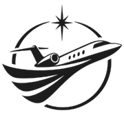 Stylized black airplane logo flying through a circular compass with a star above