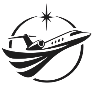 Stylized black airplane logo flying through a circular compass with a star above