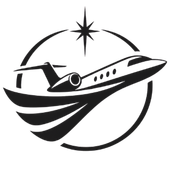 Black-and-white logo of a passenger jet flying through a circular swoosh with a star above