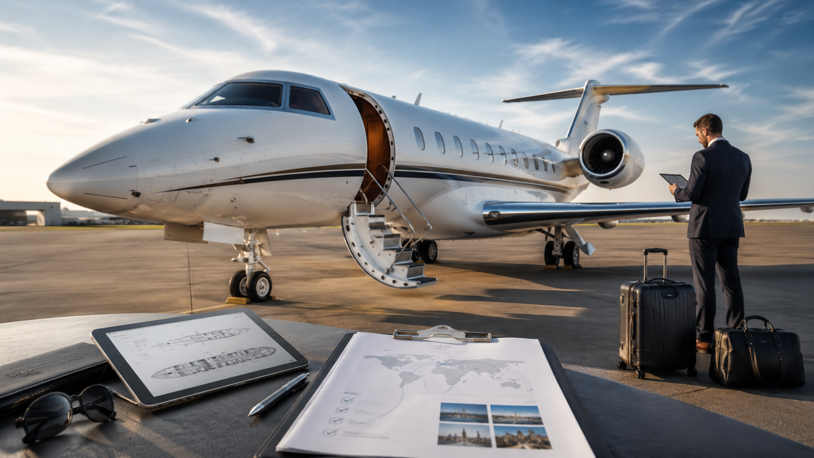 Private jet on tarmac with open stairs, luggage, and documents; a person stands beside it at sunset.