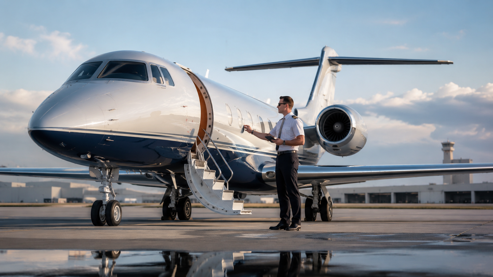 Private jet on tarmac with staircase extended and a pilot standing nearby