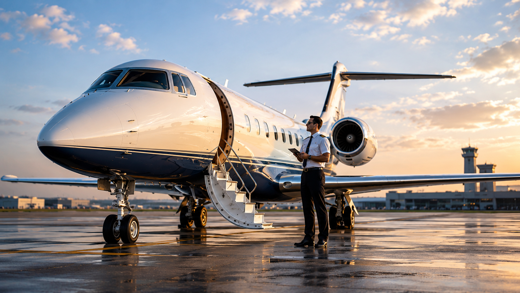 Private jet on a wet airport tarmac at sunset, with stairs down and a person standing nearby