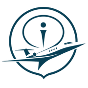Blue logo of a stylized airplane inside a circular location pin with an information symbol above it