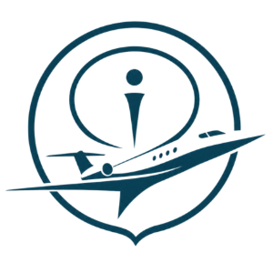 Blue logo of a stylized airplane inside a circular location pin with an information symbol above it