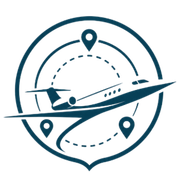 Stylized teal travel logo with airplane, map pins, and circular route lines