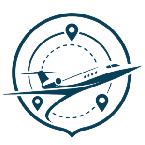 Stylized teal travel logo with airplane, map pins, and circular route lines