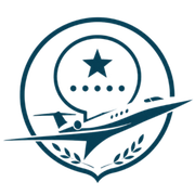 Blue aviation emblem with a star, dotted arc, airplane silhouette, and laurel wreath inside a circle