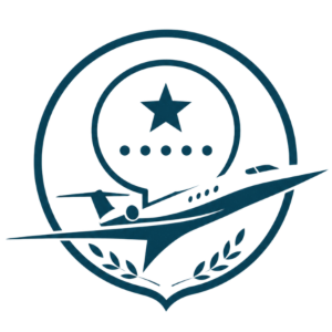Blue aviation emblem with a star, dotted arc, airplane silhouette, and laurel wreath inside a circle