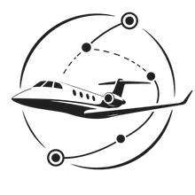 Black-and-white airplane logo inside a circular orbit with dotted flight path and nodes