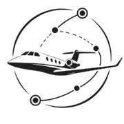 Black-and-white jet logo with orbiting dotted paths and circular nodes