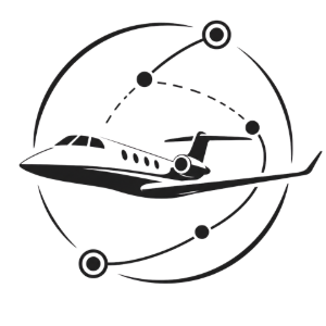 Black-and-white jet logo with orbiting dotted paths and circular nodes