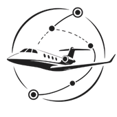 Black-and-white airplane logo inside a circular orbit with dotted flight path and nodes