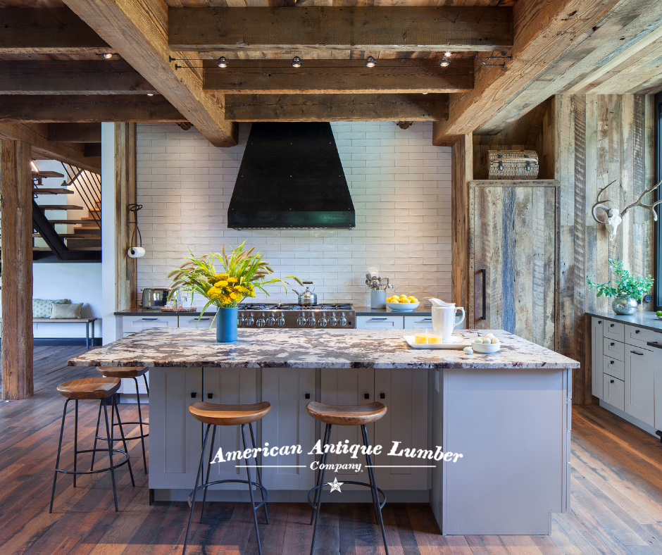 Baby blue center kitchen island with yellow flowers in a blue vase. 