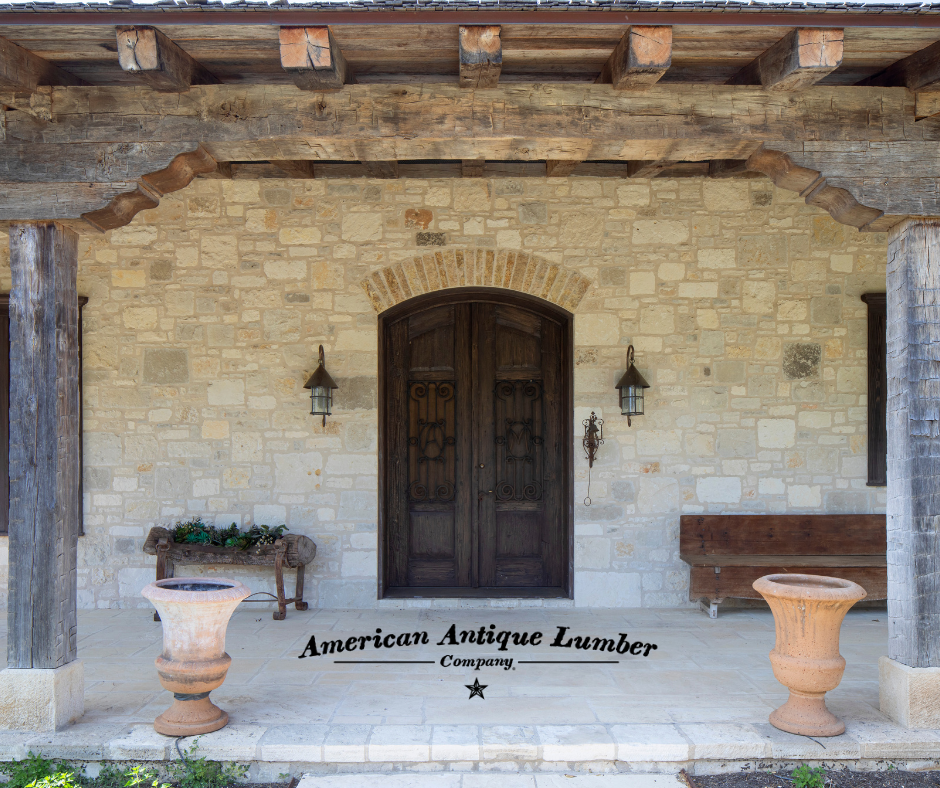 Stone home with decorative reclaimed hand hewn posts and beams in Frio, Texas. 
