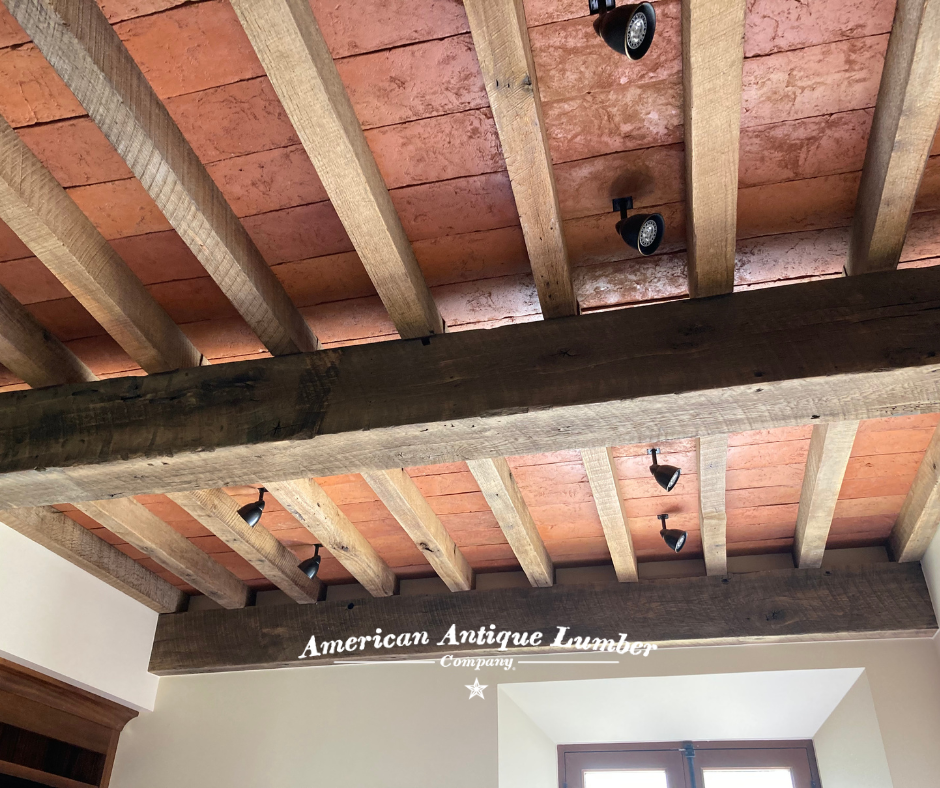 Red board ceiling liner with beams. 