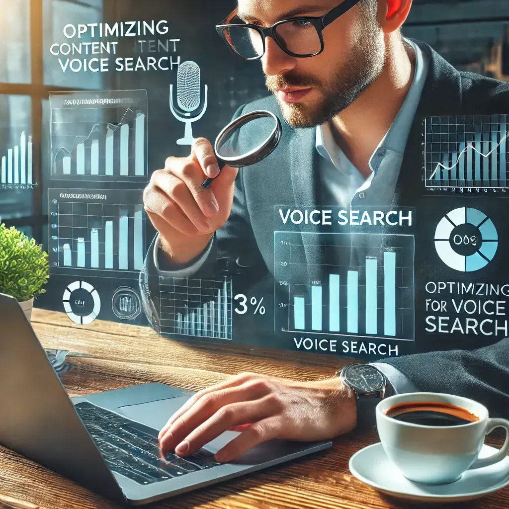 Marketer optimizing content for voice search on a laptop
