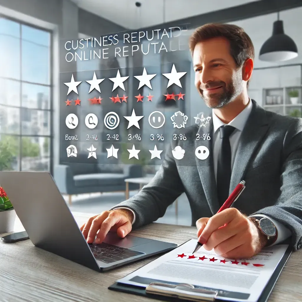Business owner managing online reputation on a laptop