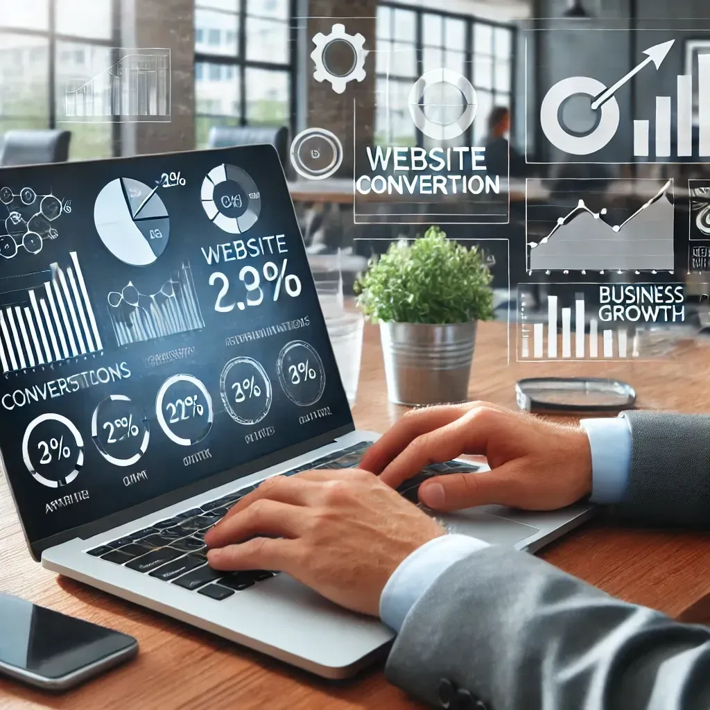 A marketing professional analyzing website conversion rates on a laptop with charts displaying optimization metrics.