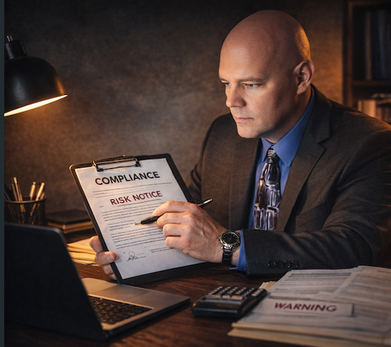 Business owner reviewing compliance documents and website updates for insurance risk management