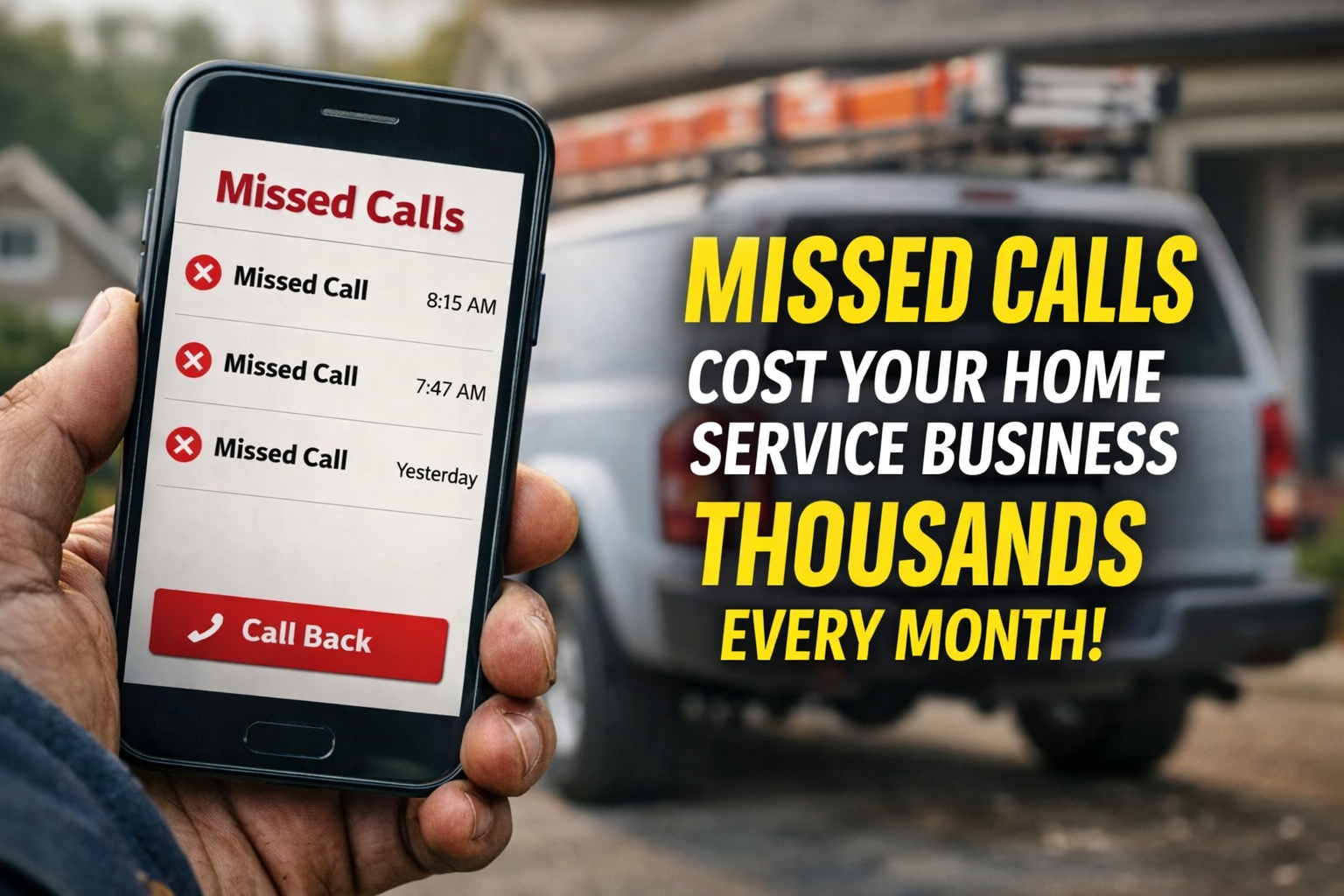 Contractor checking missed business calls on a smartphone with home service truck in the background