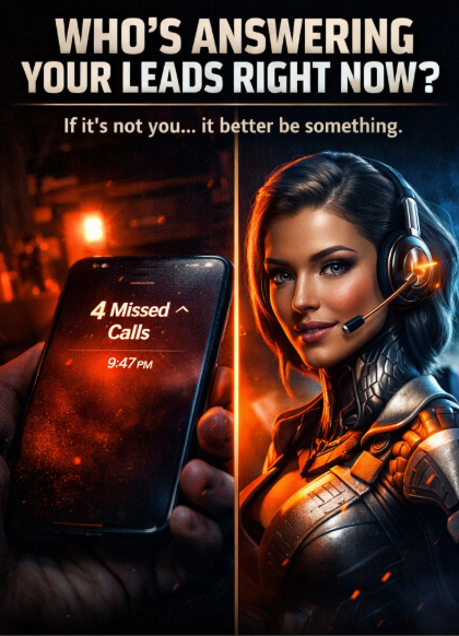 AI assistant answering missed business calls while phone shows multiple missed calls at night, representing lost leads and instant follow-up automation