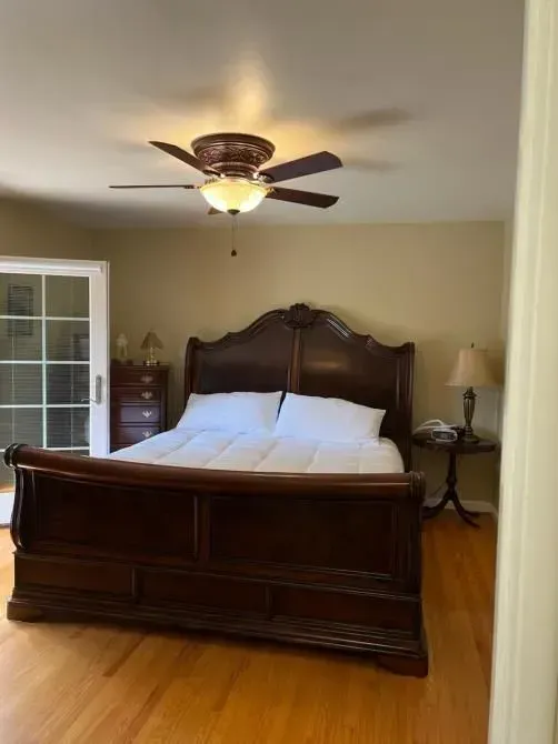 A bedroom with a sleigh bed and a ceiling fan