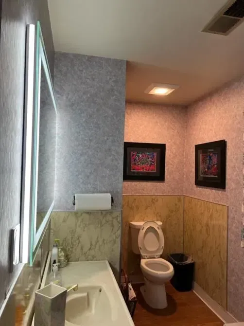 A bathroom with a toilet , sink and mirror