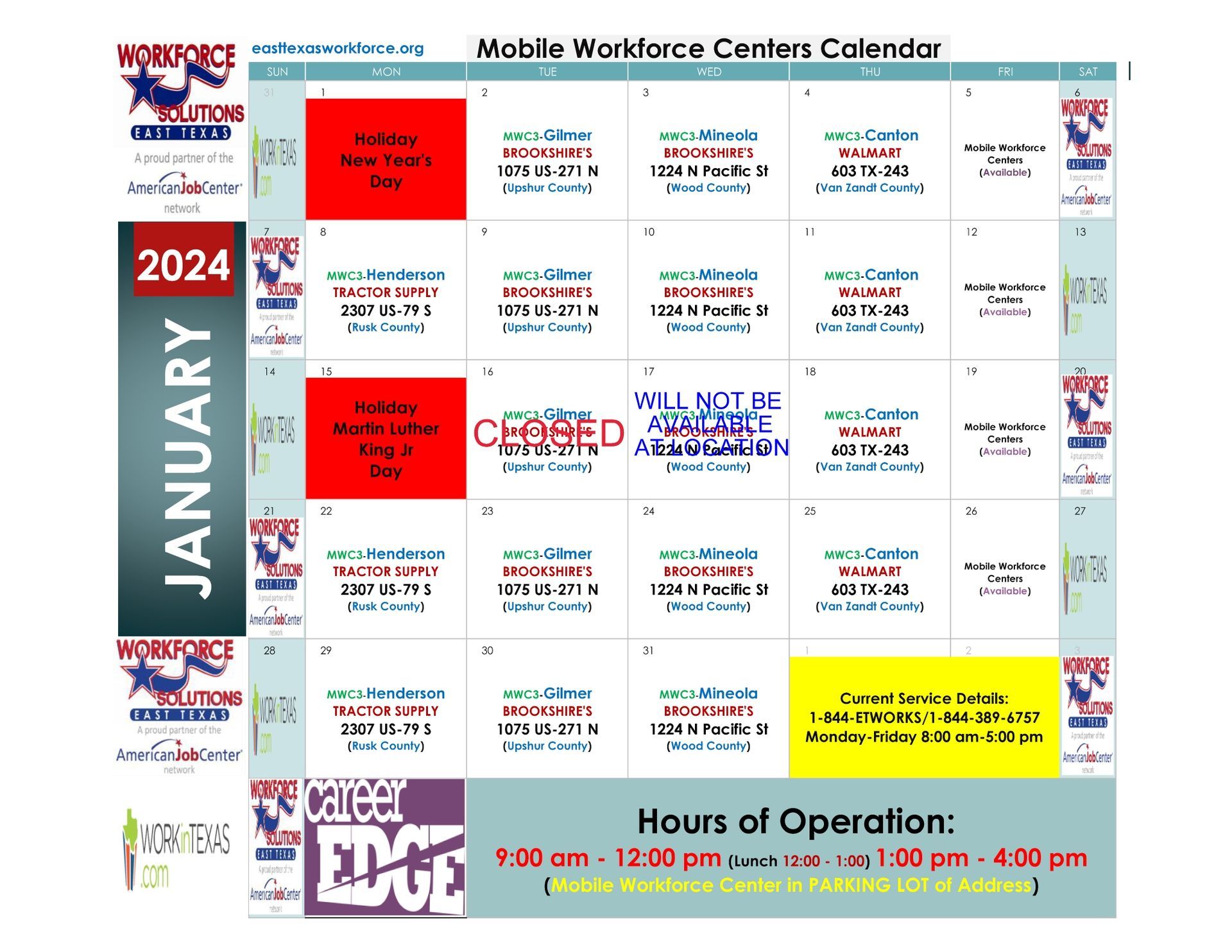 A calendar for mobile workforce centers for january 2024