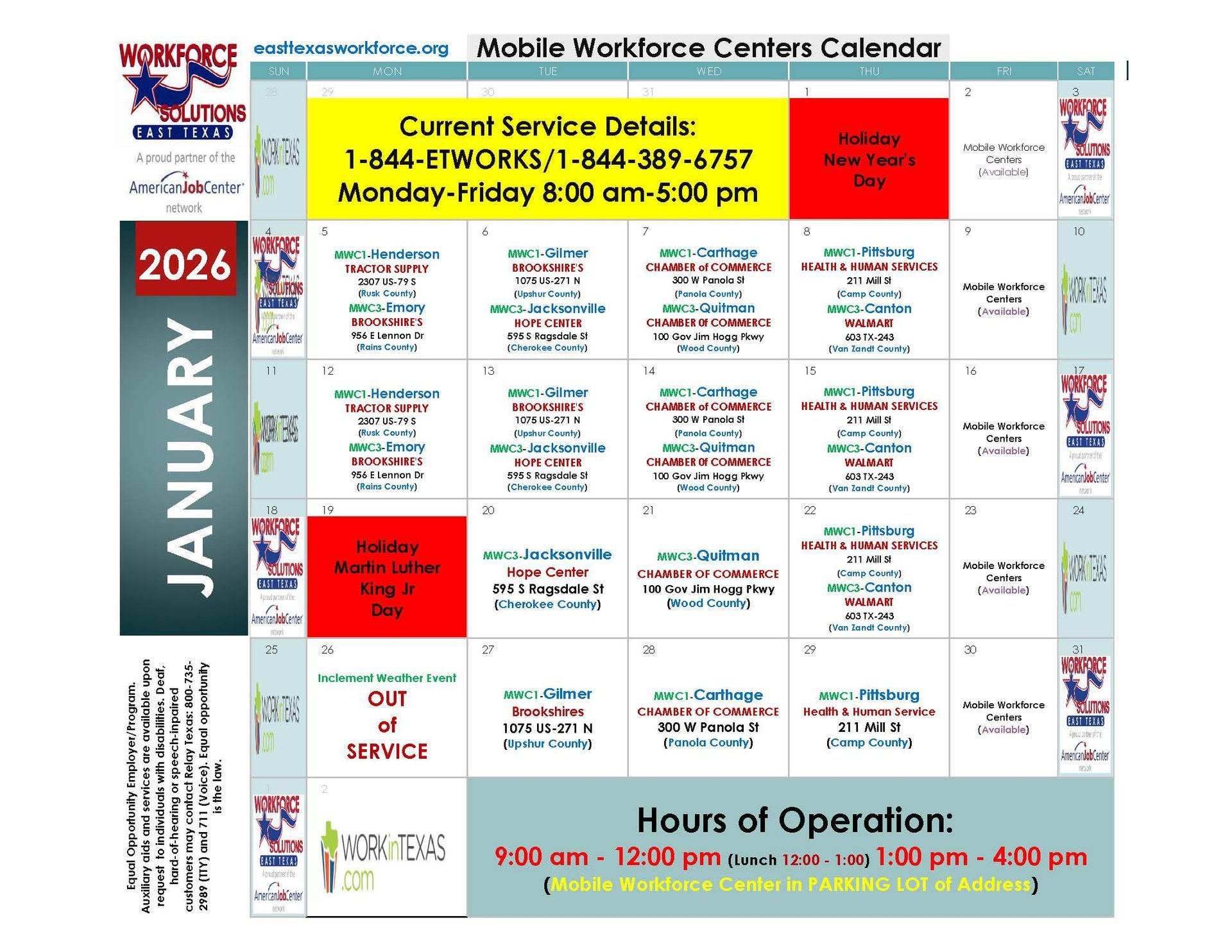 A 2026 January calendar for Mobile Workforce Centers with service details.
