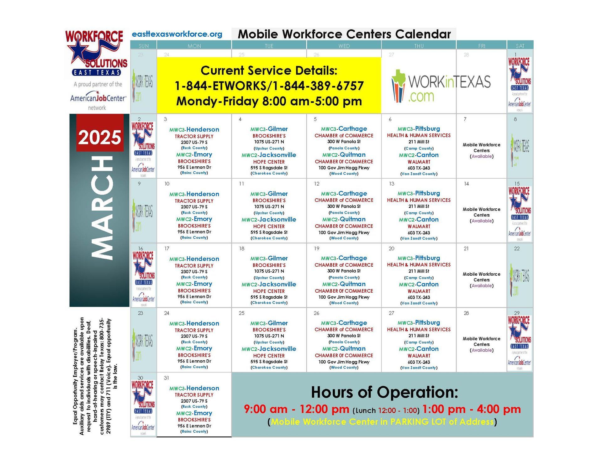 A mobile workforce centers calendar for March 2025