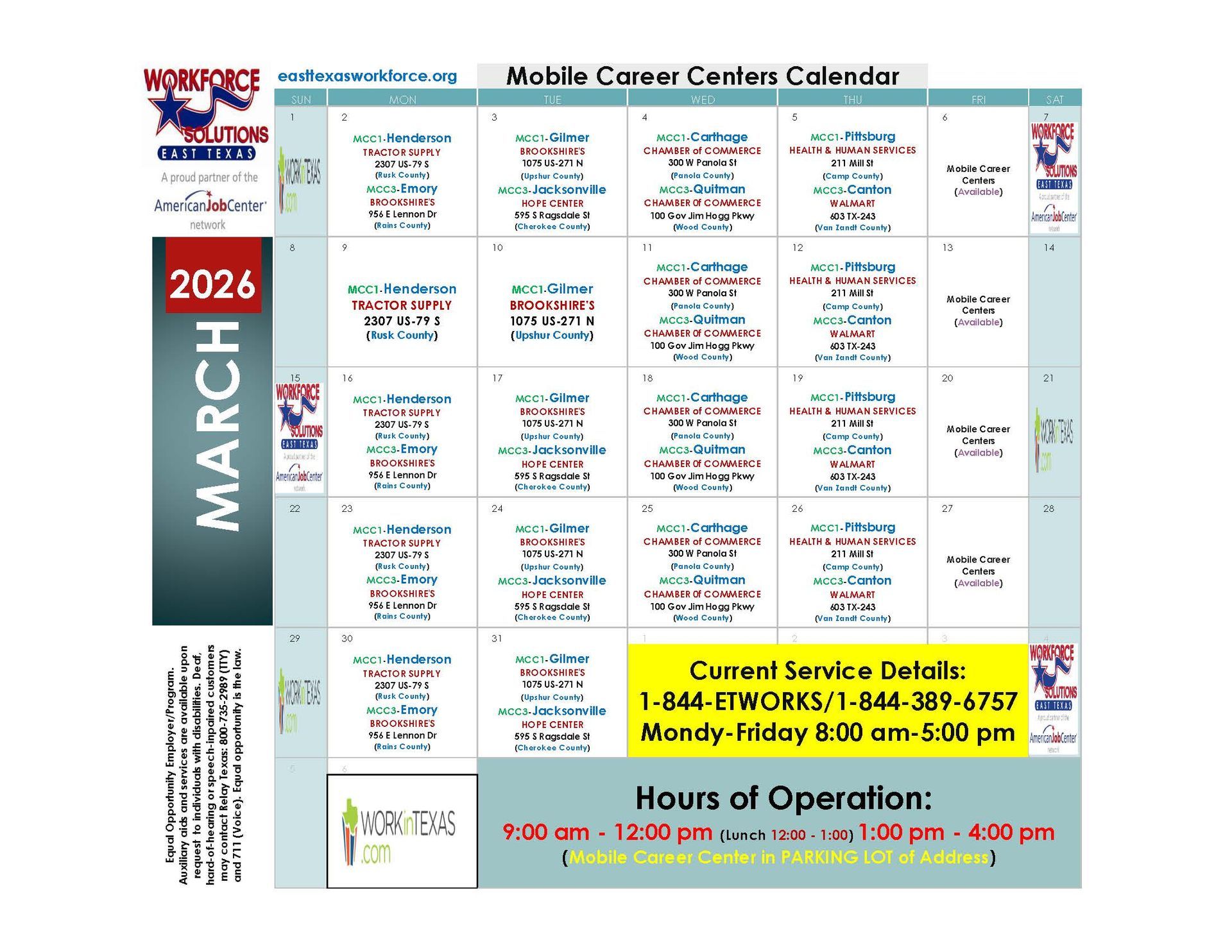 February 2026 calendar for Mobile Career Centers. Shows hours of operation and service details.