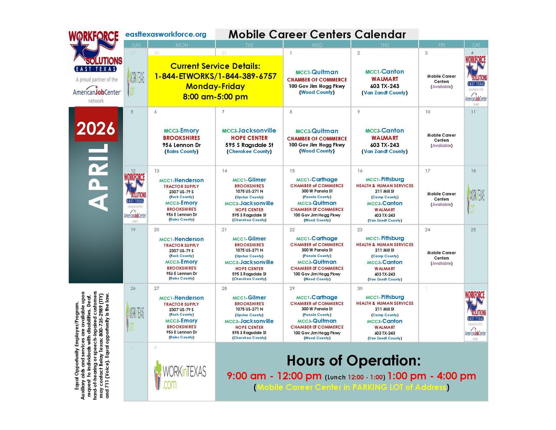February 2026 calendar for Mobile Career Centers. Shows hours of operation and service details.