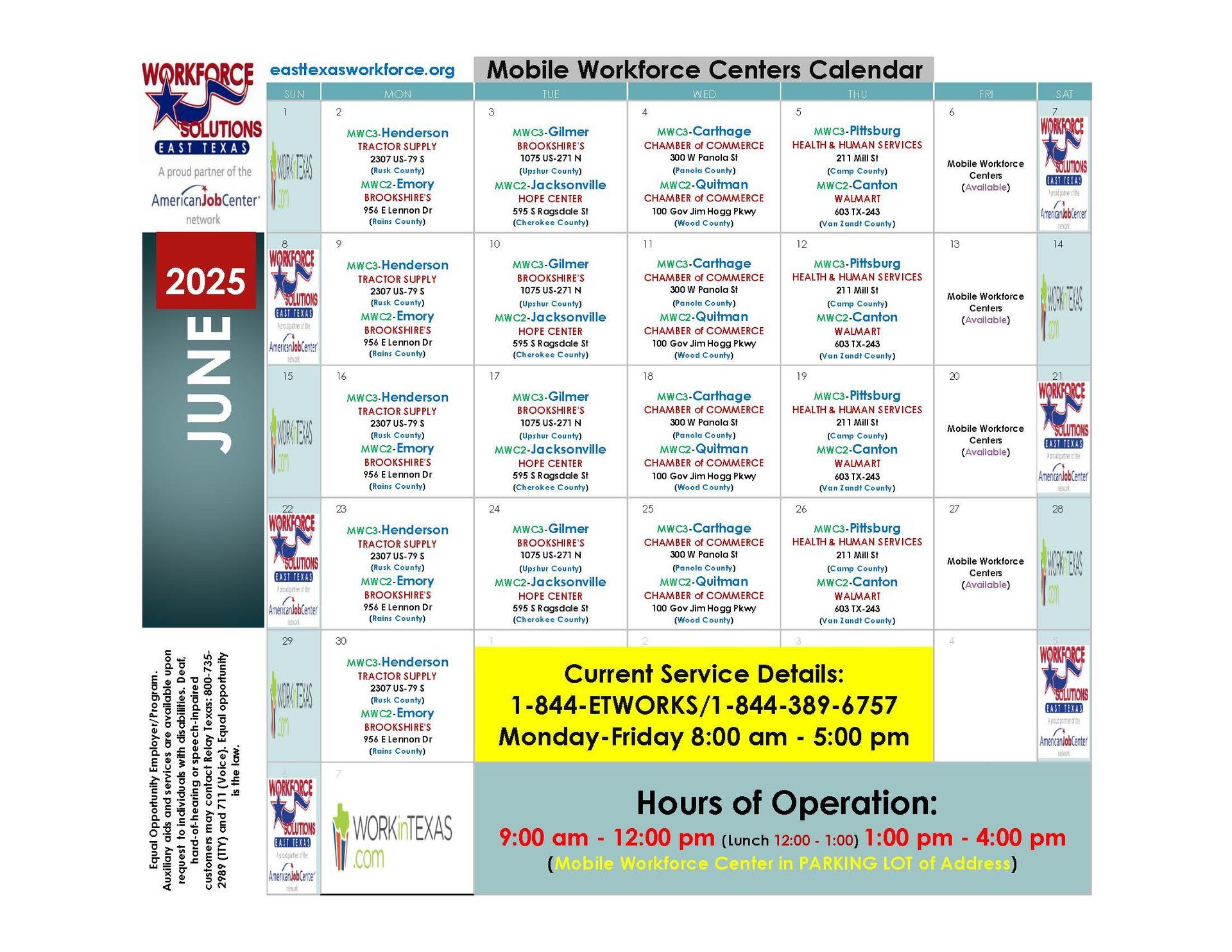 A mobile workforce centers calendar for May 2025