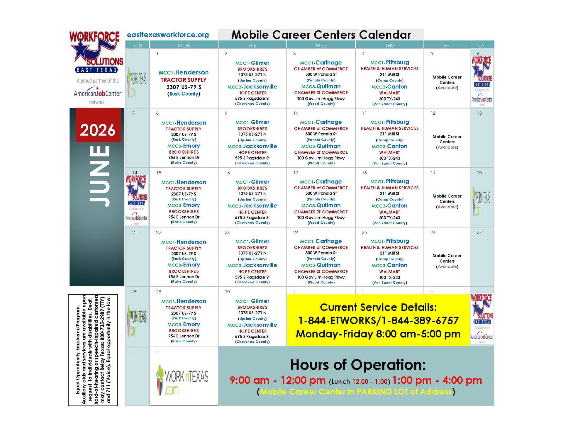 June 2026 monthly calendar for Mosby Cares Centers, with hours of operation and contact details.