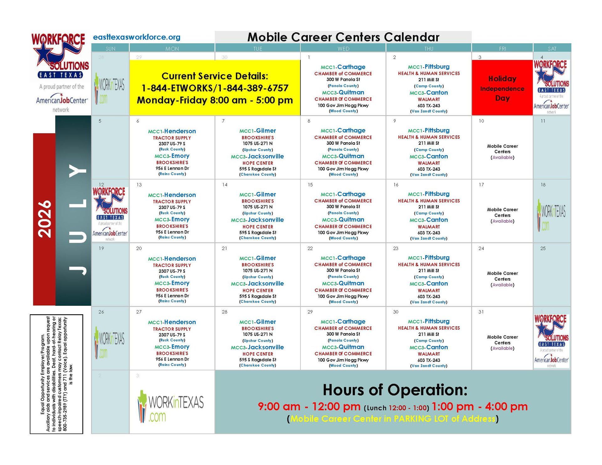 Monthly calendar poster for a career center, with colored day boxes and hours of operation listed at the bottom