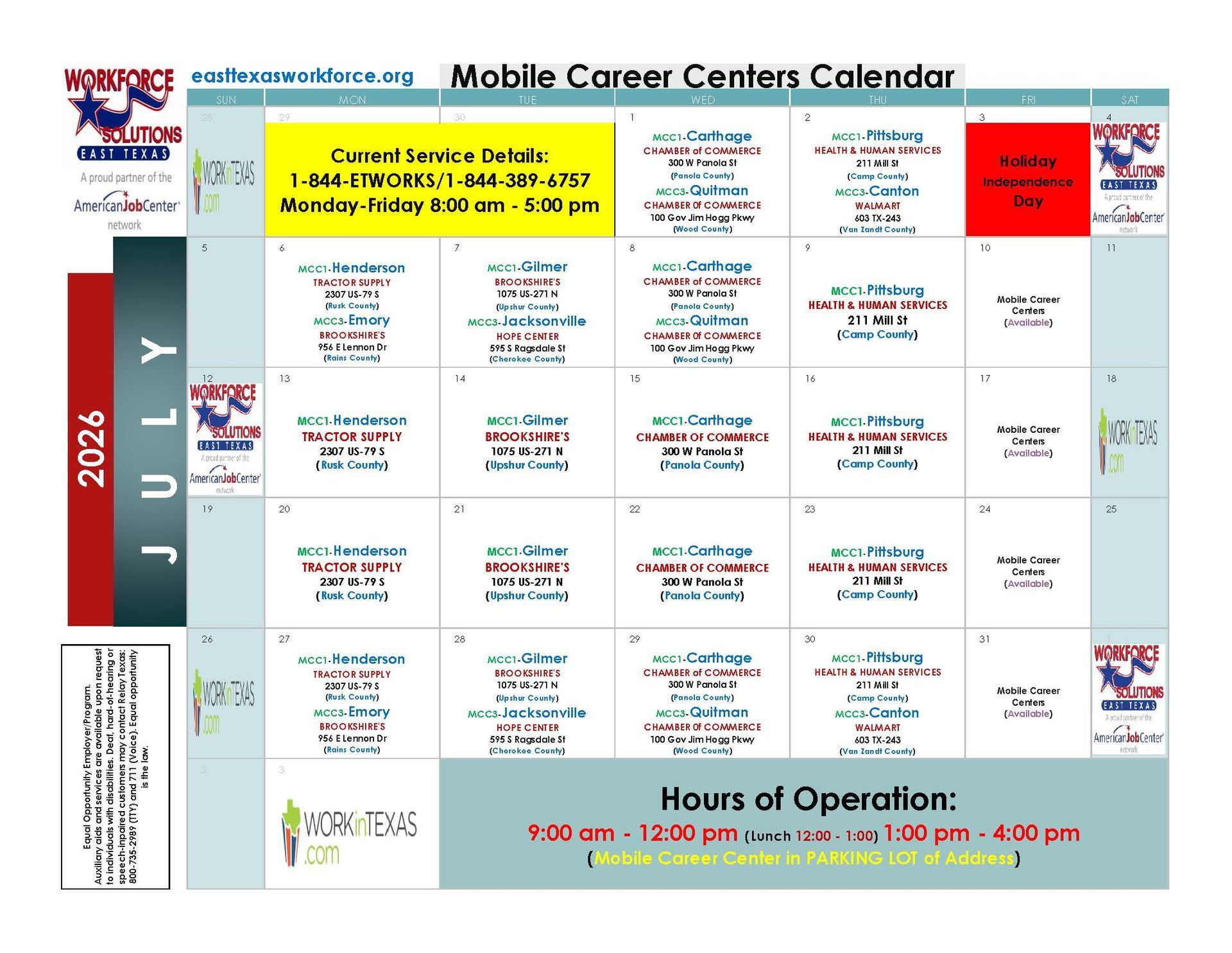 Monthly calendar poster for a career center, with colored day boxes and hours of operation listed at the bottom