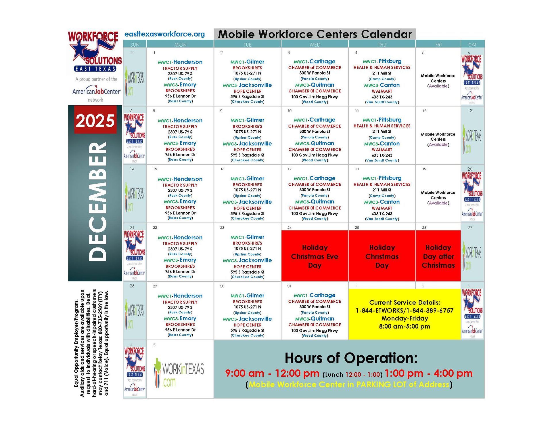 November 2025 calendar with Workforce Center events, hours 8am-4:30pm, and a phone number for contact.