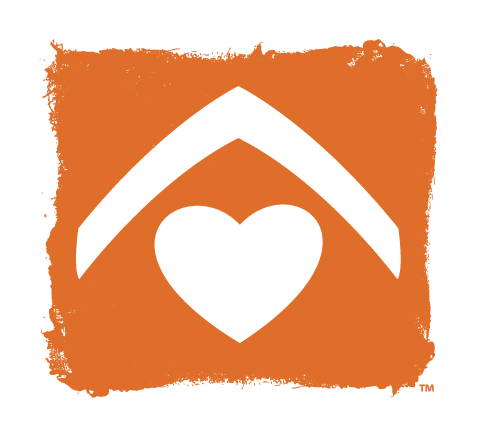 An orange square with a white heart inside of it