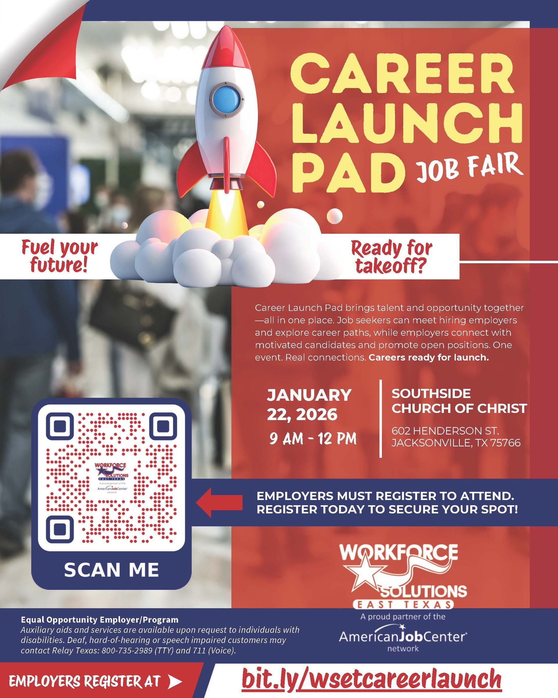 Job fair flyer with a rocket taking off, 