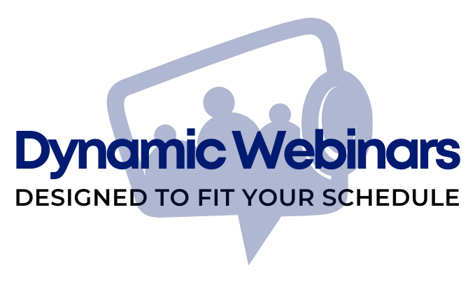 Logo for Dynamic Webinars: blue speech bubble with silhouetted figures; text