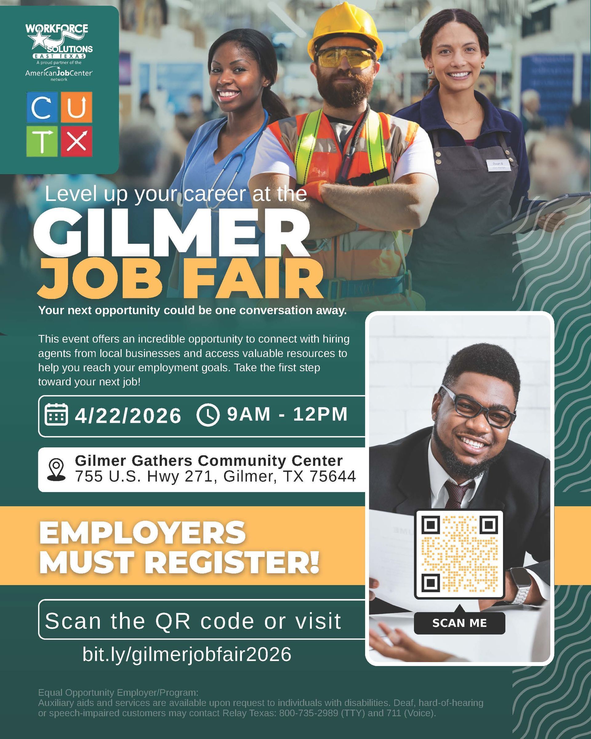 Job fair flyer: Gilmer Job Fair on 4/22/2026. Includes diverse workers and QR code for employer registration.