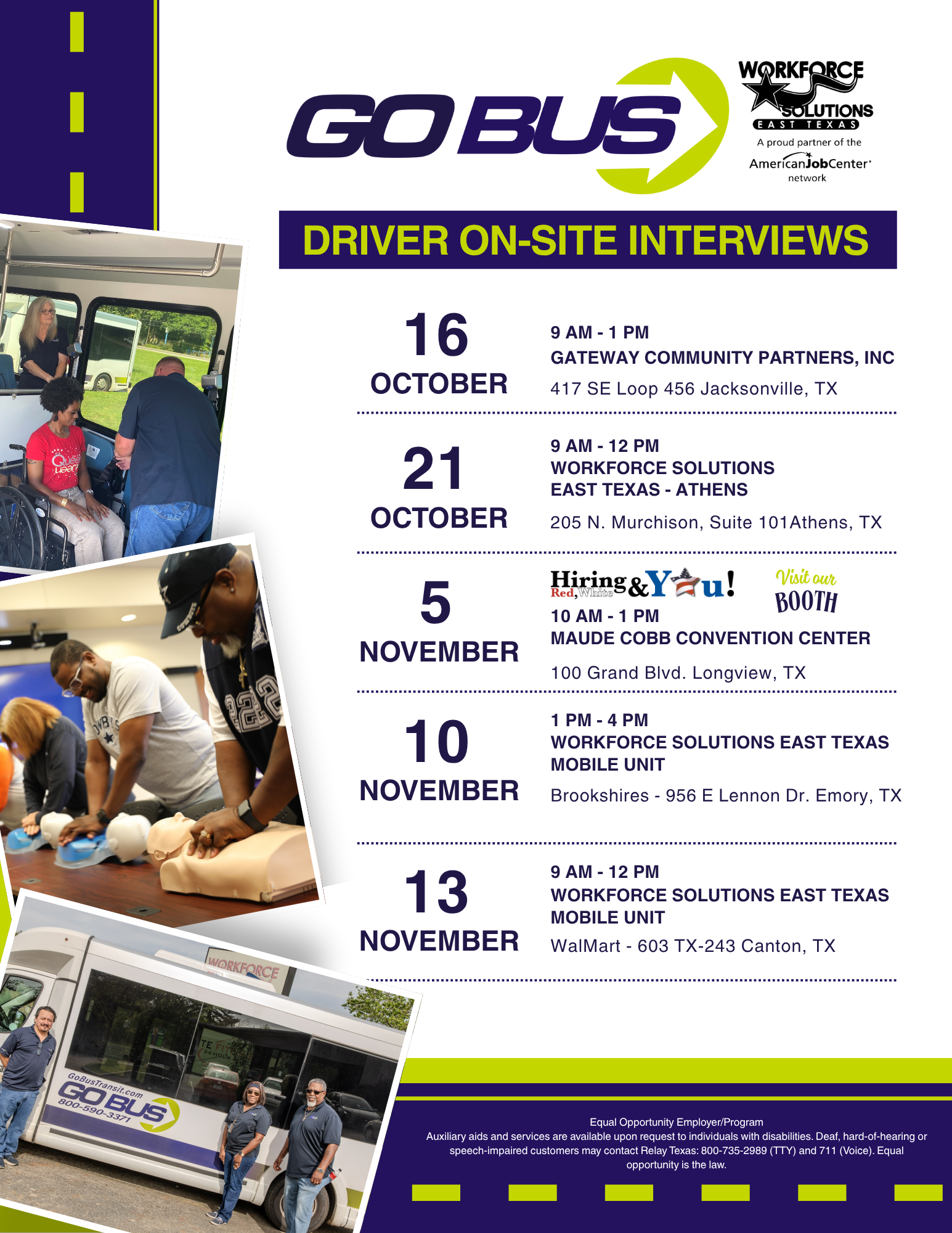 Flyer advertising GoBus driver on-site interviews. Dates/locations listed with photos of drivers and bus.