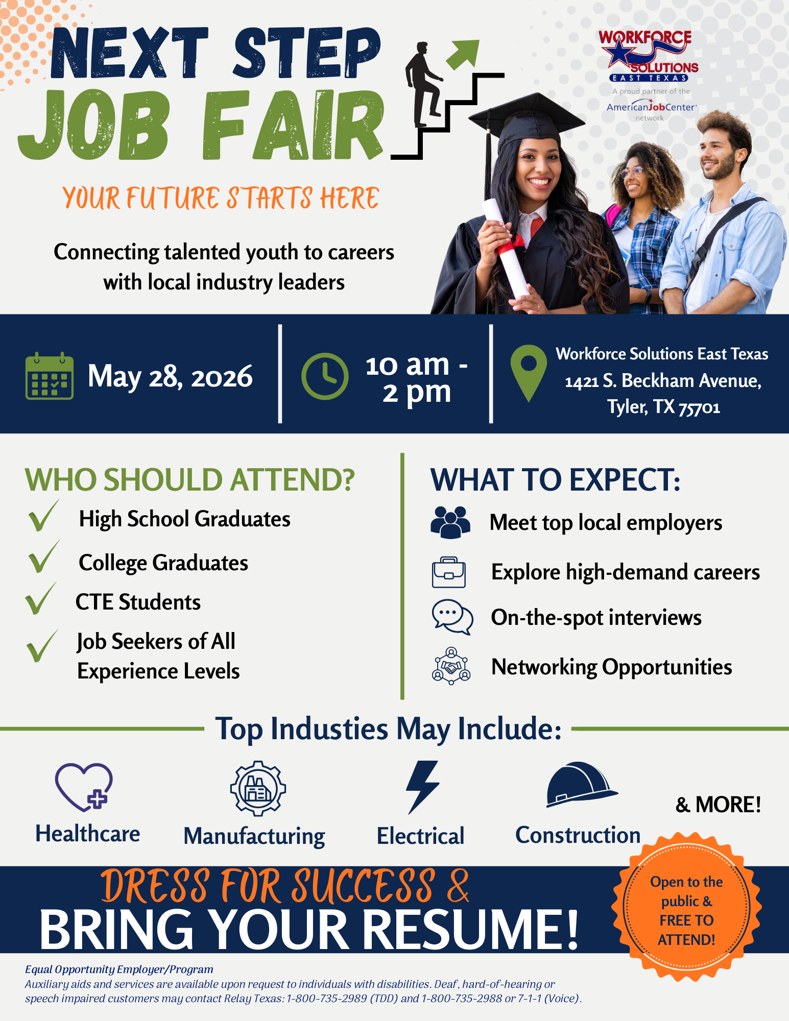 Next Step Job Fair flyer with details, green/orange accents, and graduate photos inviting attendees to bring resumes
